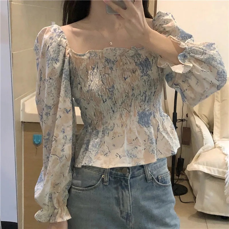 Square Neck Short Fairy Blouse Cover Belly Chiffon Shirt