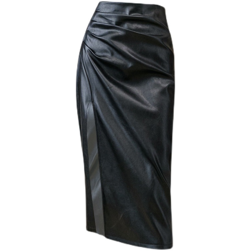 High Waist Slim Pleated Leather Skirt
