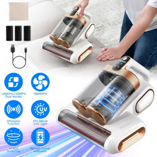 1Pc Mattress Vacuum Cleaner 16Kpa Bed Vacuum Cleaner Handheld Vacuums With Ultrasonic And UVC Light 18000 RPM Brushroll Rotation Dual Dust Bins Washable Filters For Bed Pillows Cri