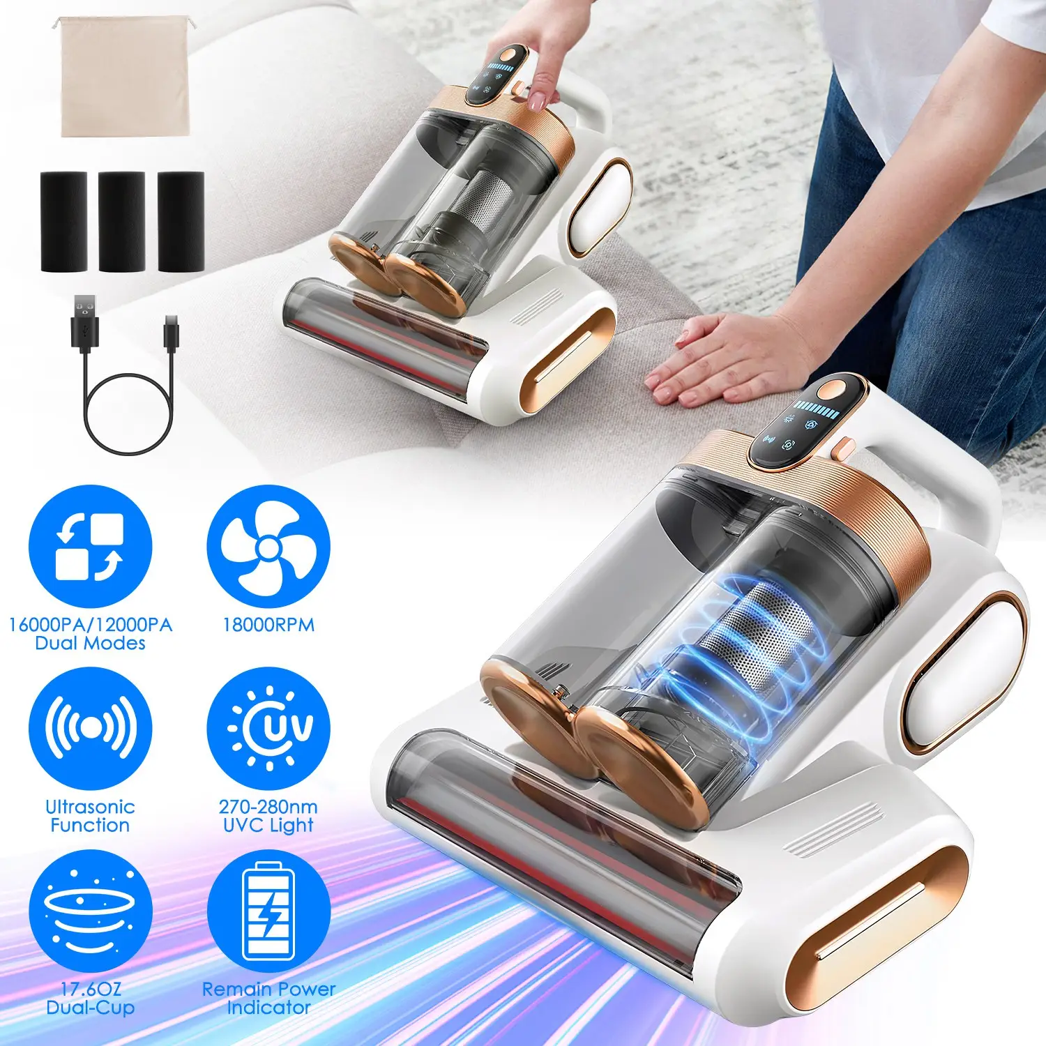 Mattress Vacuum Cleaner 16Kpa Bed Handheld Vacuums