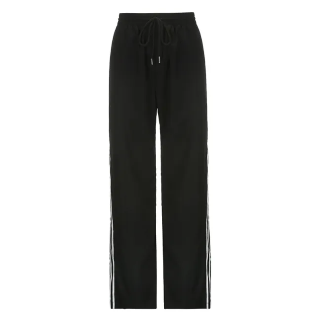 Double Striped Webbing Patchwork Pants Black - Shop at LoveMi