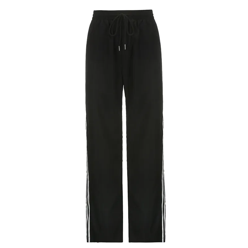 Double Striped Webbing Patchwork Pants - Black
