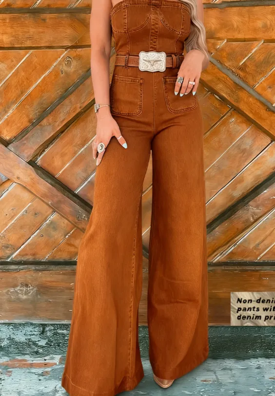 Tube Top Denim Print Wide Leg Jumpsuit Brown - Shop at LoveMi