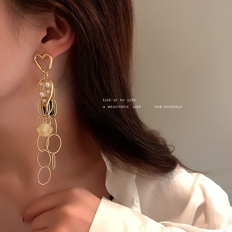 Silver Needle Resin Pearl Love Heart Tassel Earrings Long