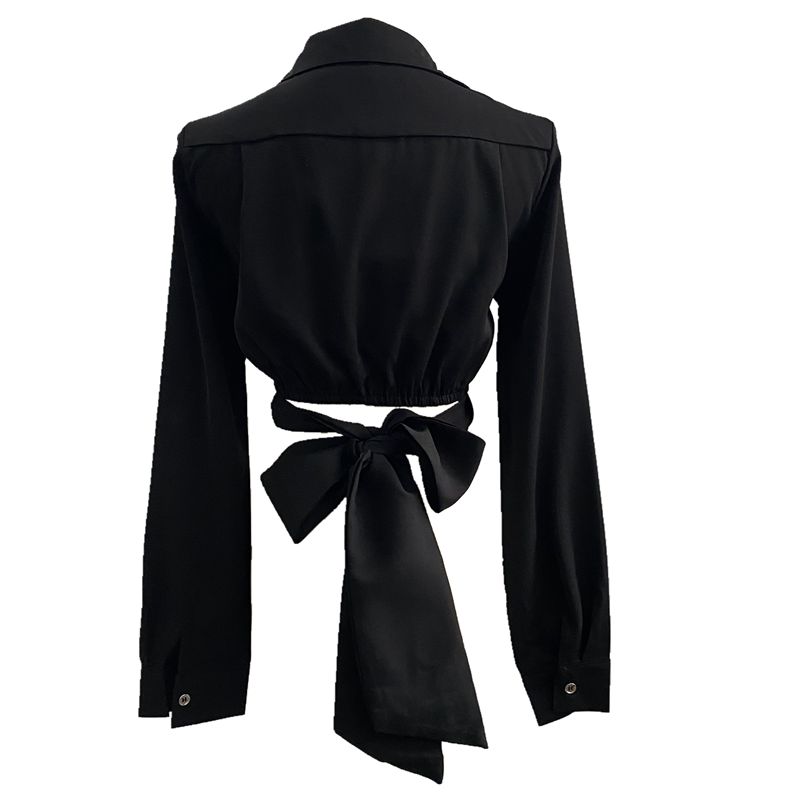 Title 2, Black Knot Tie Bow Cropped Slim Fit V-Neck Shir...