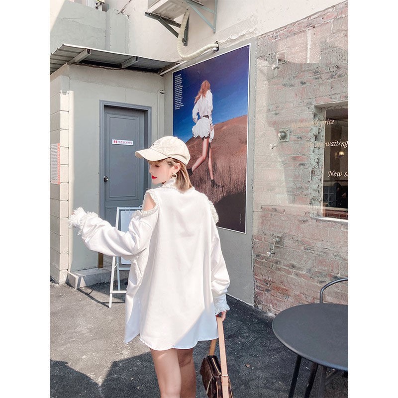 New Off The Shoulder Embroidered Badge Loose Shirt