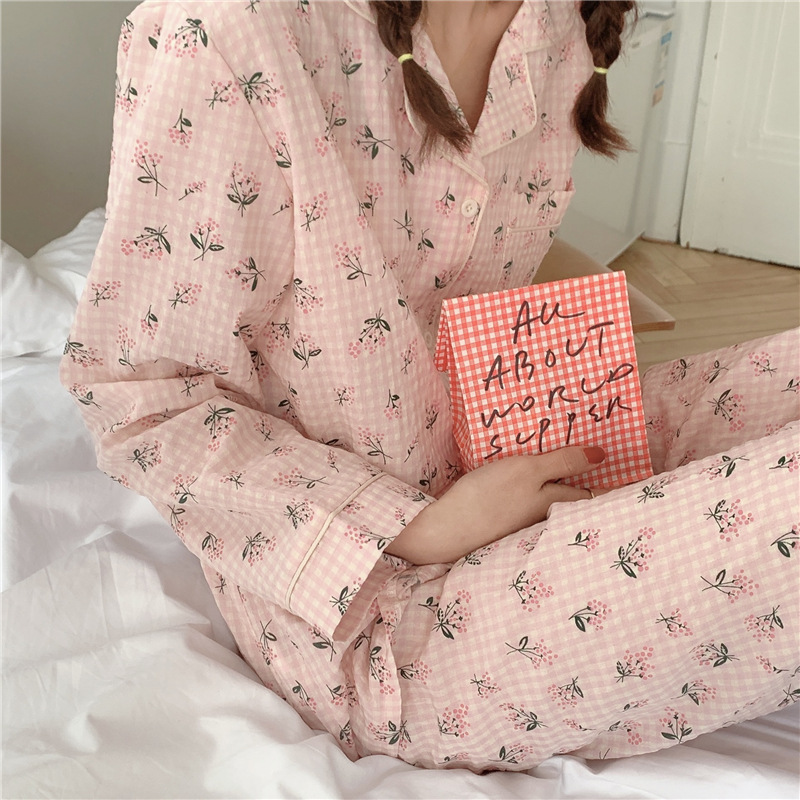 Women's Long Sleeve Cute Plaid Floral Pajama Set