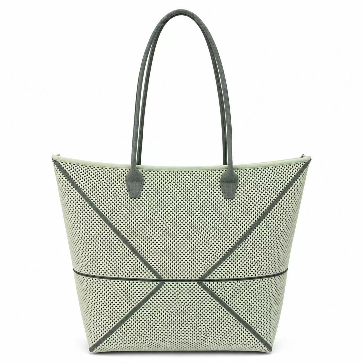 Mesh Knitted Tote Bag For Women, Large Capacity Single Shoulder Folding Bag, Fashion Versatile Handbag, Commuter Travel Bag - Bean Grey Green — 1
