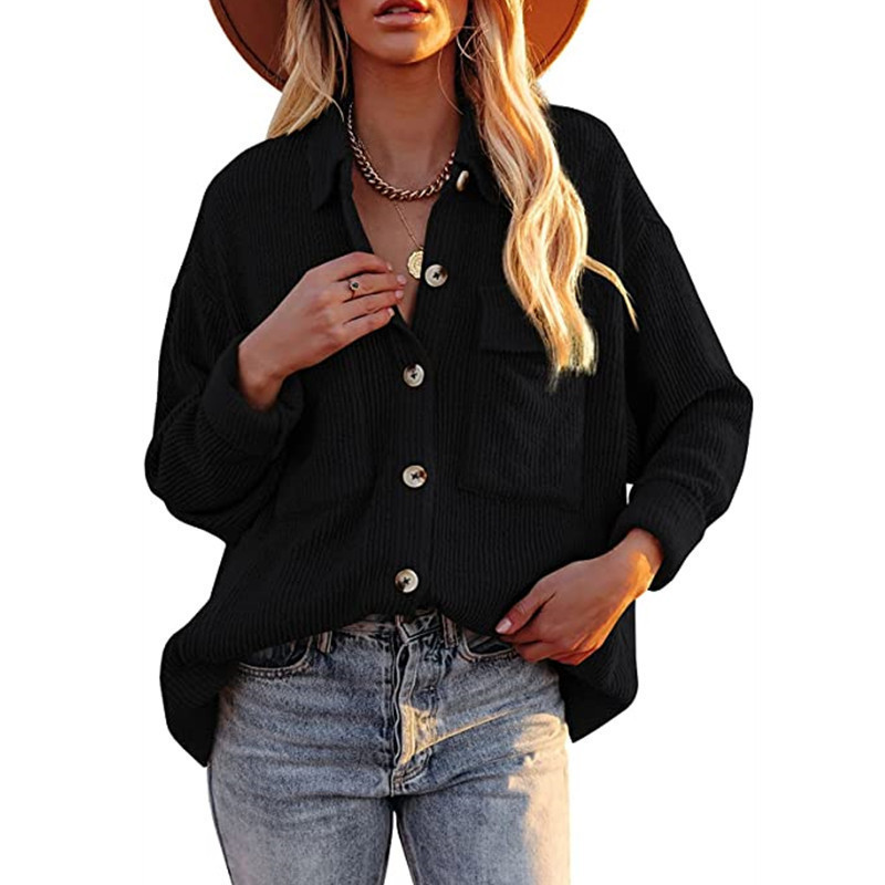 Title 7, Solid Color Loose Corduroy Pocket Long Sleeve C...