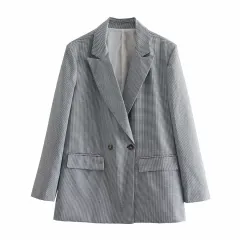 Commuter Light Cooked Double Breasted Casual Blazer - Black And White Houndstooth - View 1