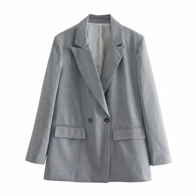 Commuter Light Cooked Double Breasted Casual Blazer Black And White Houndstooth - Shop at LoveMi