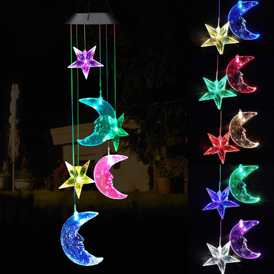 Solar Power Stars And Moon LED Wind Chimes Outdoor Decor, Waterproof Mobile Color Changing Wind Chimes, Star Moon Solar Light Xmas, Gifts For Mom