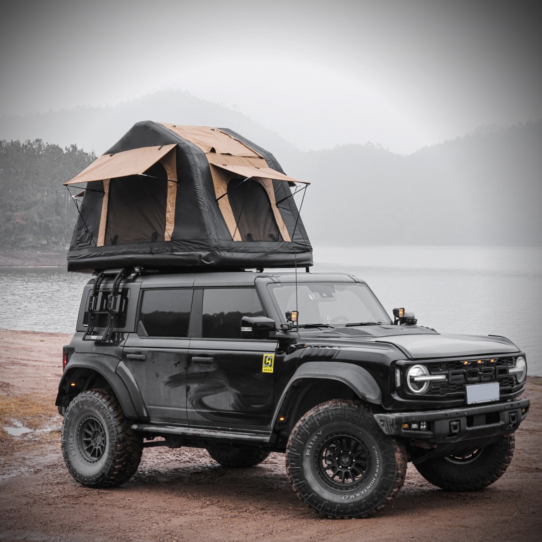 Foldable 2-3 People Amphibious Inflatable Car Roof Top Tent For Camping Outdoor Glamping Camping Tent For SUV,Truck  Without Ladder, Two-tone Style, Khaki & Black