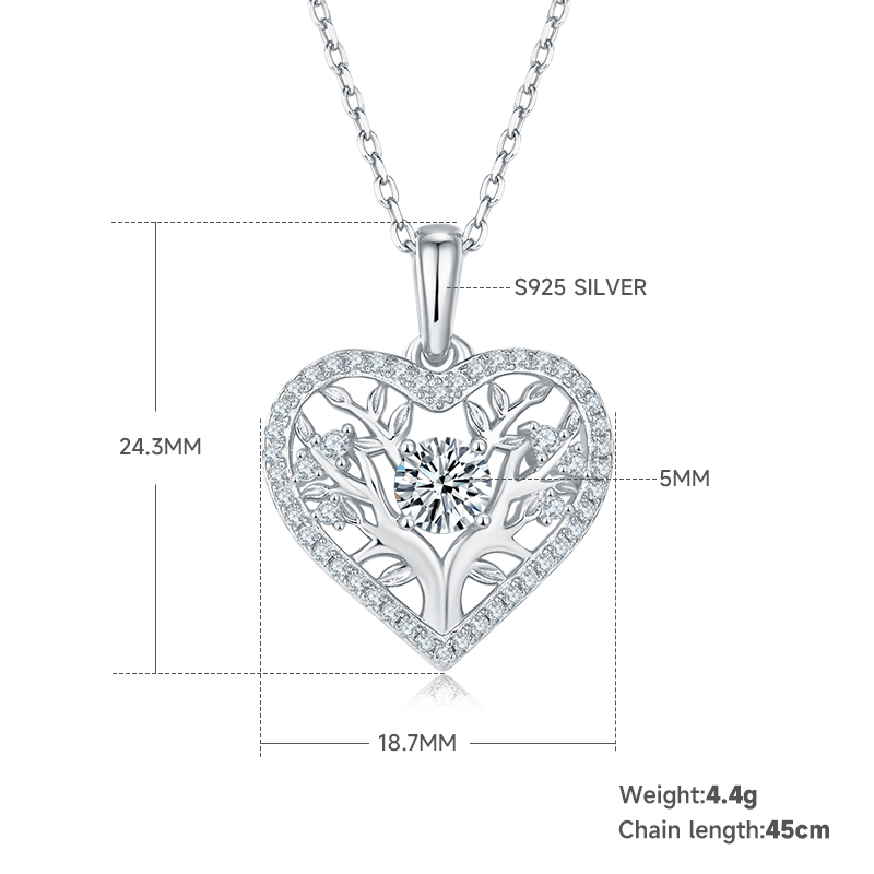 4.4g S925 Sterling Silver Tree Of Life Heart Necklace  5mm Center Stone With 42 Moissanite Pendant, GRA Certified, Platinum Plated Romantic Jewelry Gift Box Set