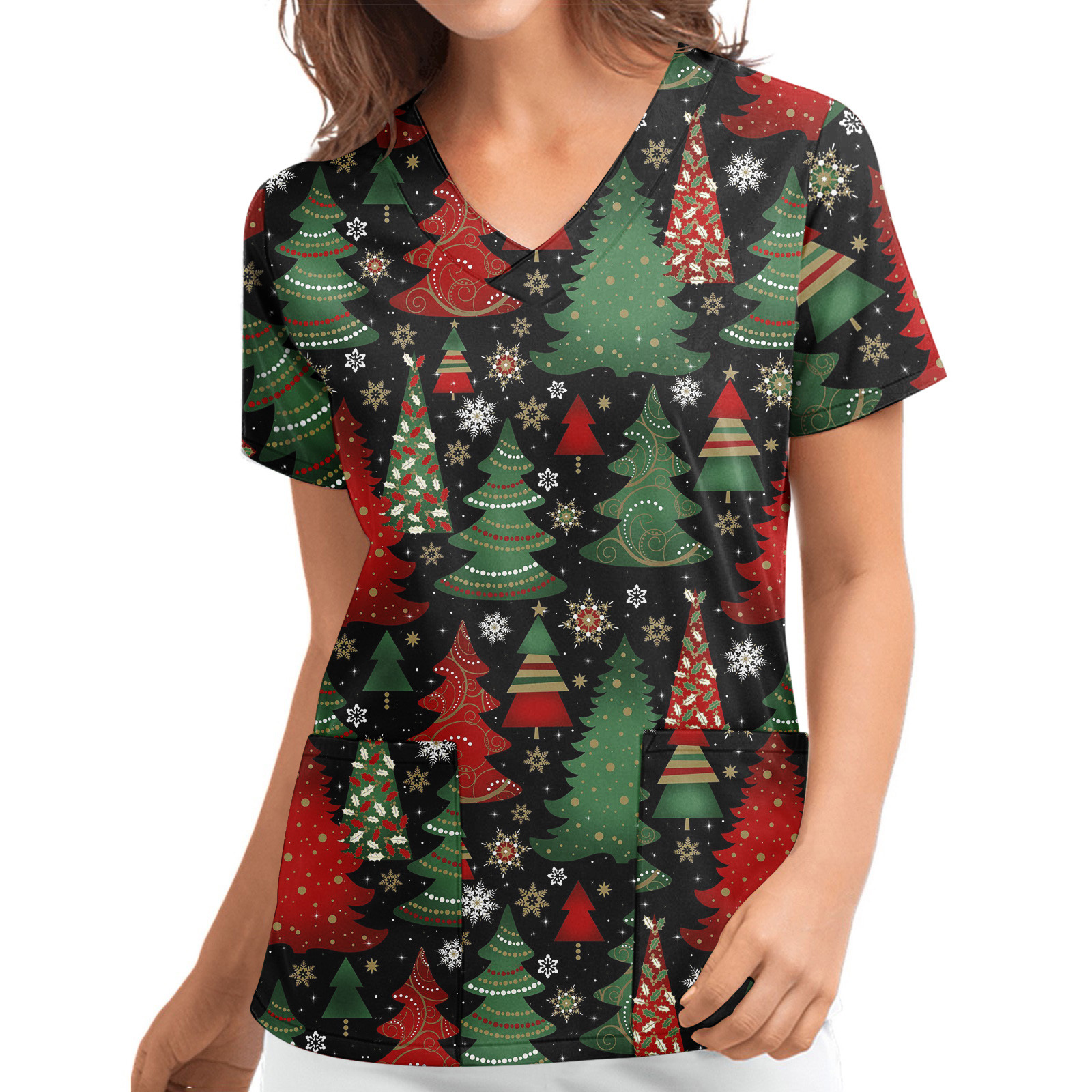 Title 9, Christmas Printed V-neck Short Sleeve Workwear ...