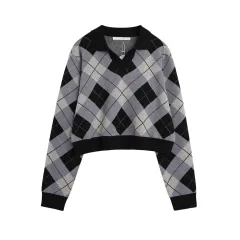 Fashionable All-match Diamond Colourblock Knitted Top - Navy Blue - View 1