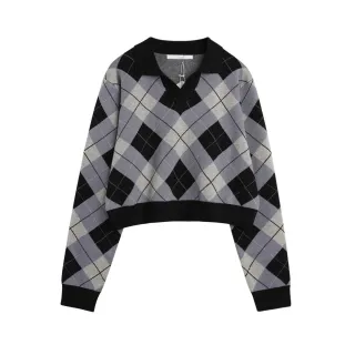 Fashionable All-match Diamond Colorblock Knitted Top - Navy Blue