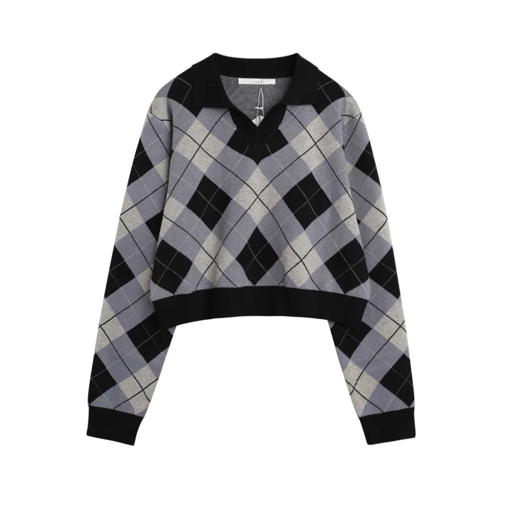Fashionable All-match Diamond Colourblock Knitted Top - Navy Blue