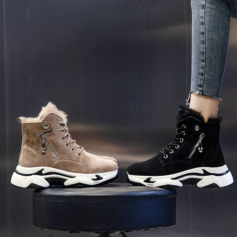 Winter Mid Tube Thick Soled Leather Ankle Boots