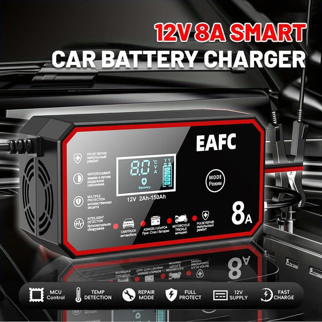 12V 8A Car Battery Charger Quick Charge Automatic Smart Battery Charger LCD Display For Lead Acid Agm Gel Wet LiFePO4