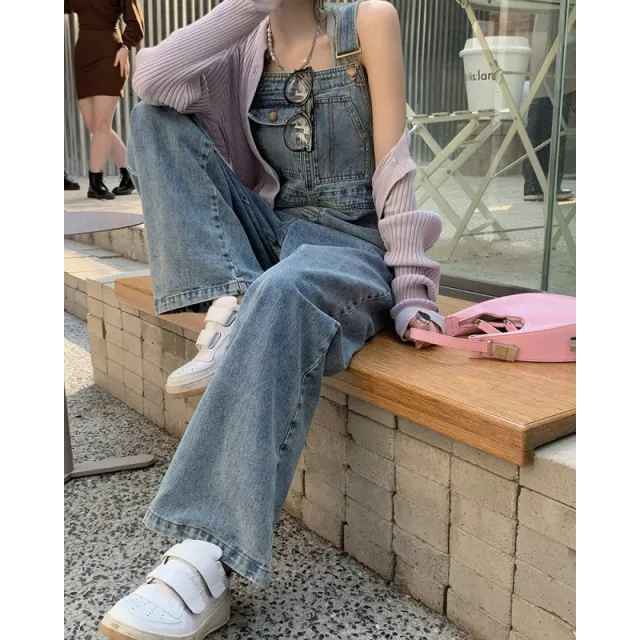 Women's Age Reduction Denim Bibs Straight Wide Leg Light Blue - Shop at LoveMi