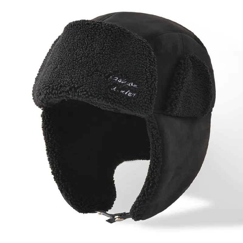 Women Stitching Lamb Fleece Thickened Winter Skiing Windproof Warm Hat - Black