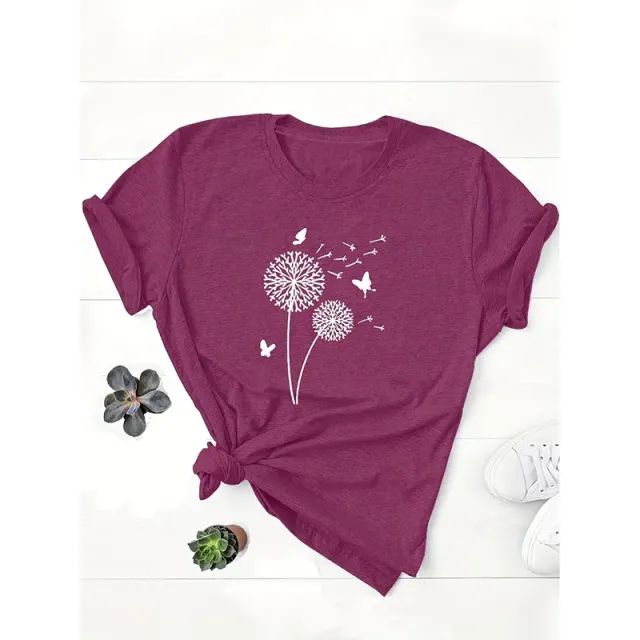 Women's Dandelion Print T Shirts Cute Graphic Tees Short Sleeve Summer Tee Tops Fuchsia - Shop at LoveMi