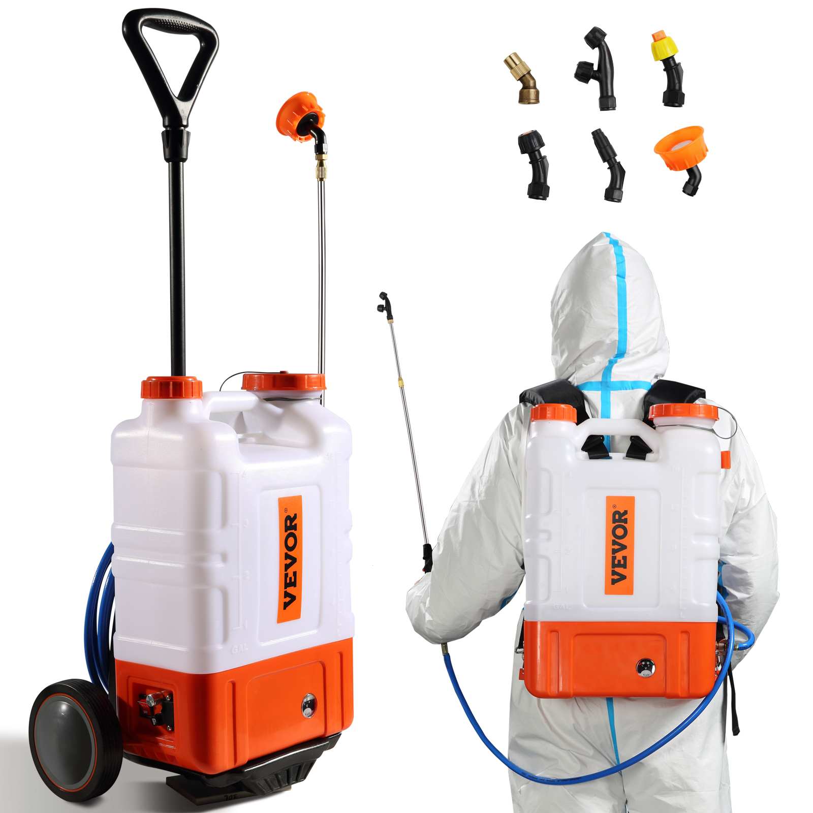 VEVOR Battery Powered Backpack Sprayer With Cart, 0-94 PSI Adjustable Pressure, 4 Gallon Tank On Wheels, With 8 Nozzles And 2 Wands, 12V 7.2Ah Battery, Wide Mouth Lid For Weeding, Spraying, Cleaning image 6