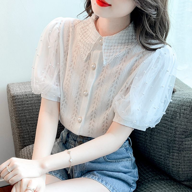 Short-sleeved Lace Shirt Top Elegant Foreign Style Hollow Shirt
