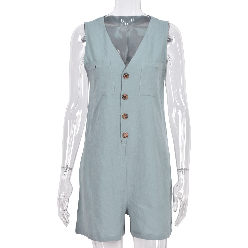 Buttoned V-neck Cardigan Sleeveless Tank Top Jumpsuit