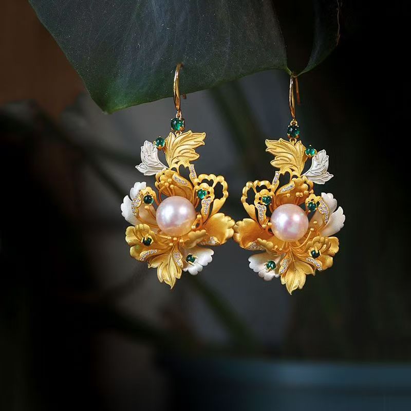 New Chinese Style Filigree Peony Pearl Earrings For Women, Ancient Vintage Ear Jewelry Matching Hanfu & Cheongsam