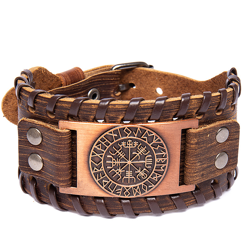 Fashion Wide Leather Pirate Compass Men's Metal Compass Pattern Bracelet