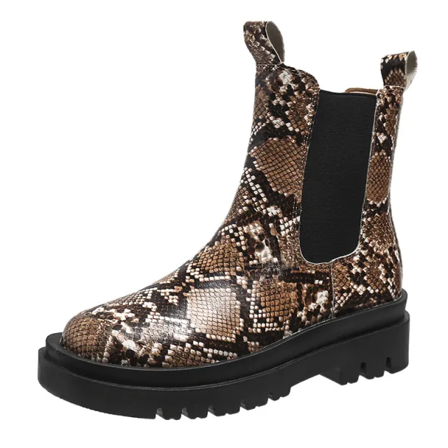 Snakeskin Ankle Boots Slip On Platform Shoes Women Brown - Shop at LoveMi