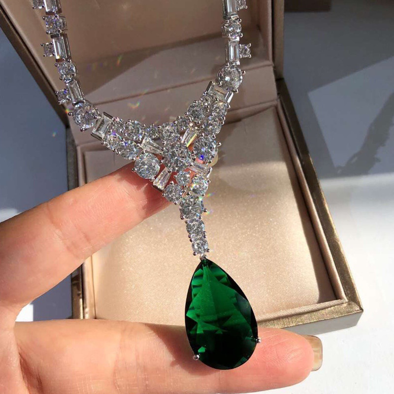 Silver Gold-plated Moissan Diamond Pendant Natural Emerald Necklace — foto 5
