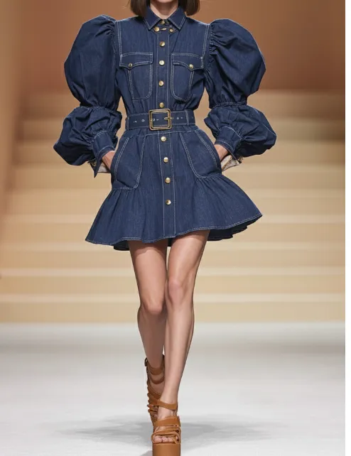 Puff Sleeve Belted Denim Shirt Dress Dark Blue Mini Silhouette Blue - Shop at LoveMi