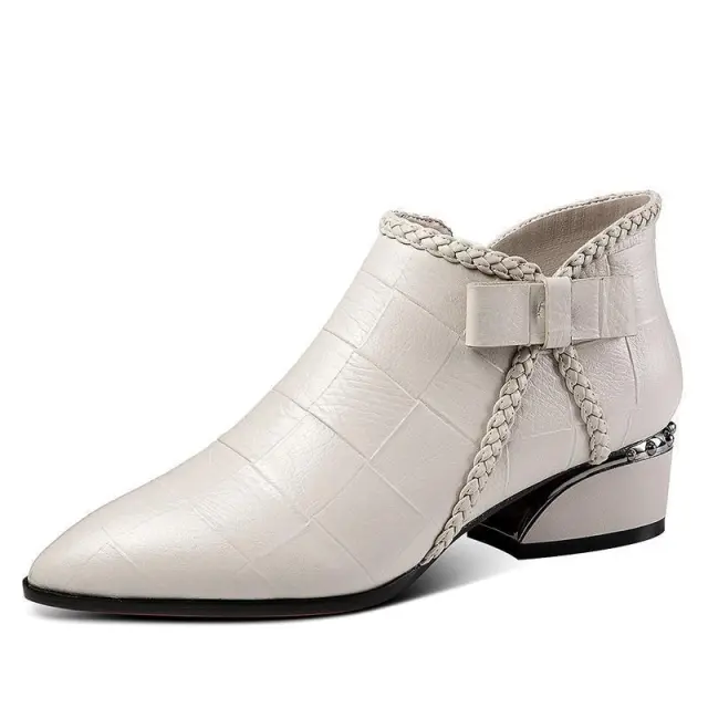 Women's Boots, Boots, Bow knot Side Zipper Square Root Mid heel Ankle Boots White - Shop at LoveMi