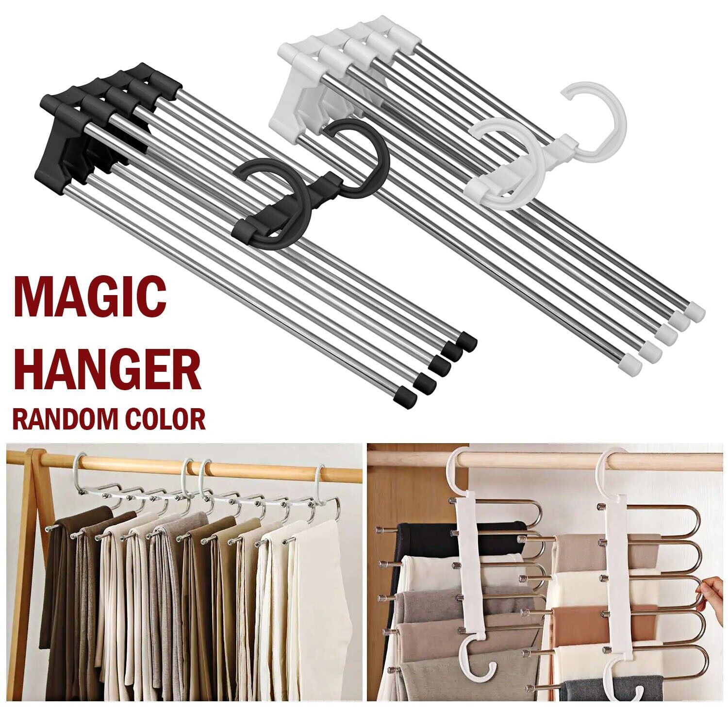 Magic Metal Hanger Closet Space Saver Organizer shipping inside the US USPS First Class Package handling 2 Day Handling 2-5 Day Shipping 5 in1 Multi-functional Pants Rack Shelves Stainless Steel Wardrobe Magic Hanger by KT Deals RANDOM COLOR WHITE/BLACK S