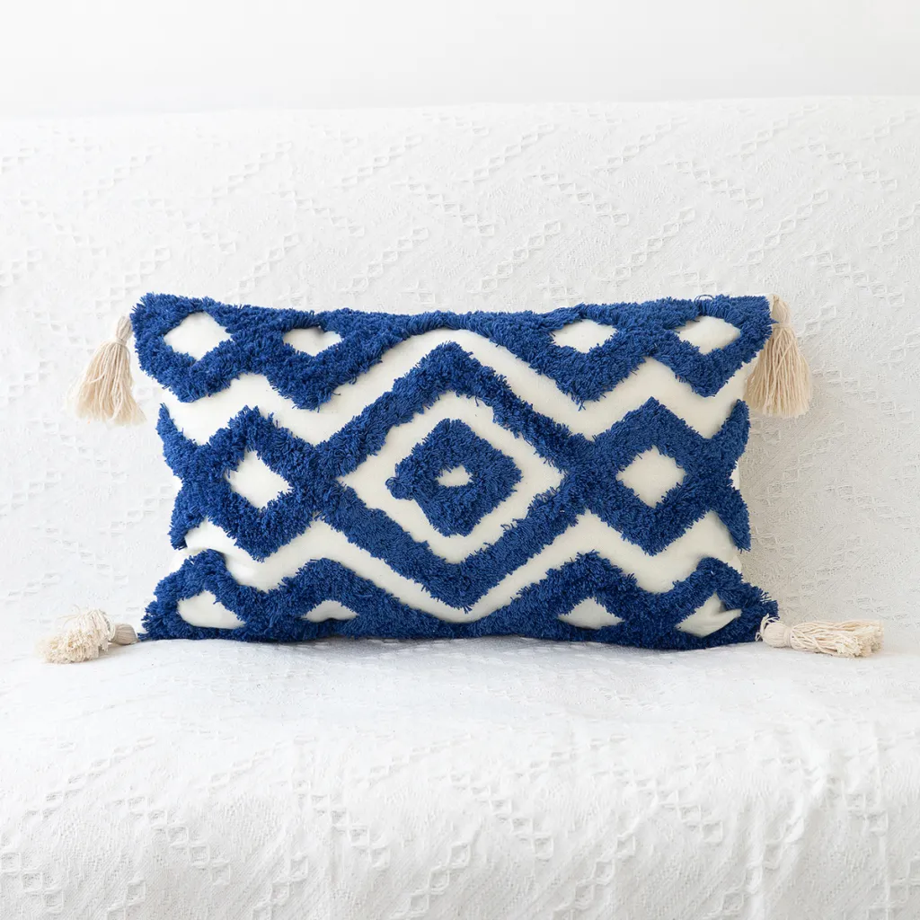 Hand-woven Craft Tufted Colorful Red Pillowcase - Geometric Blue Lumbar Pillow