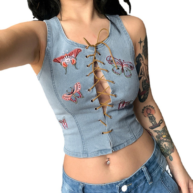 Title 6, Butterfly Embroidered Cropped Lace-Up Denim Tan...