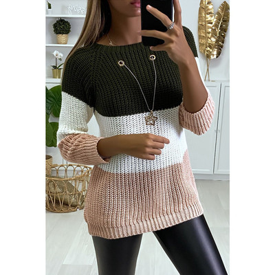Autumn And Winter Knitted Color Matching And Eyelet Pullover Sweater