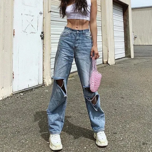 American Ripped High Waist Wide Leg Jeans Blue - Shop at LoveMi