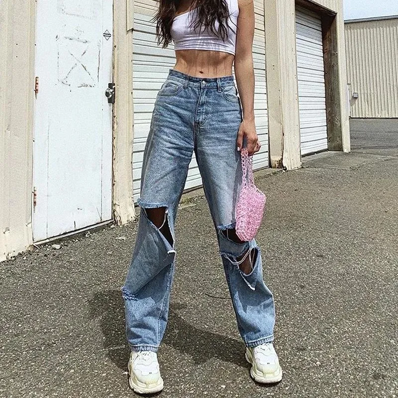American Ripped High Waist Wide Leg Jeans - Blue