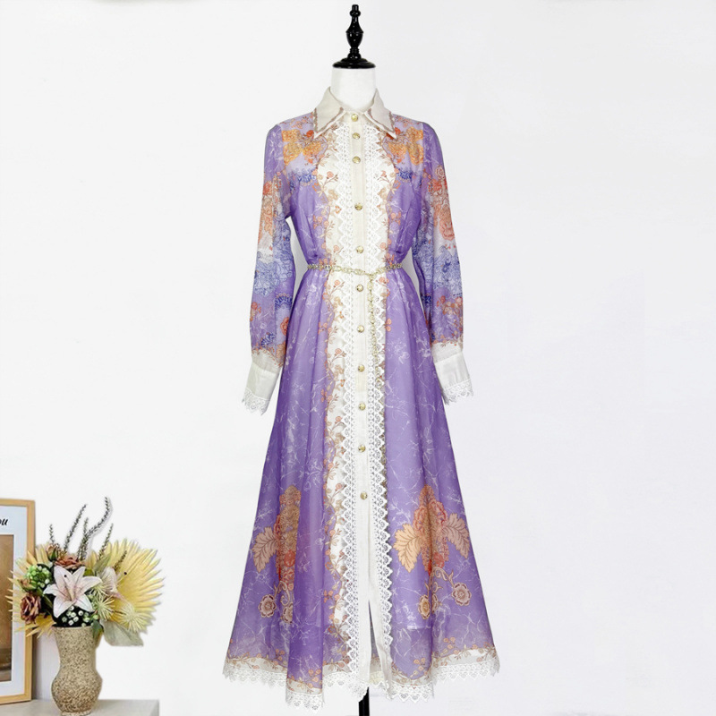 Printed Collar Single Breasted Lace Dress