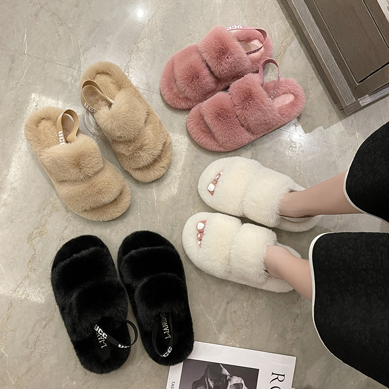 Flat Casual Thick-soled One-word Plush Drag Women's Shoes