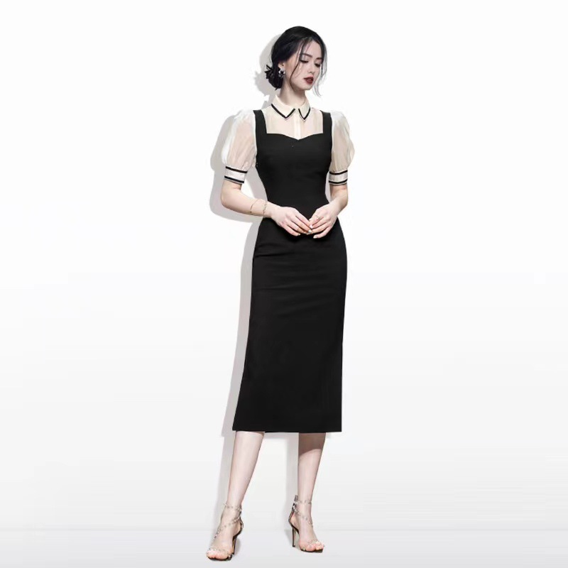 Fitted Shirt Collar Panel Midi Dress Black - Shop at LoveMi