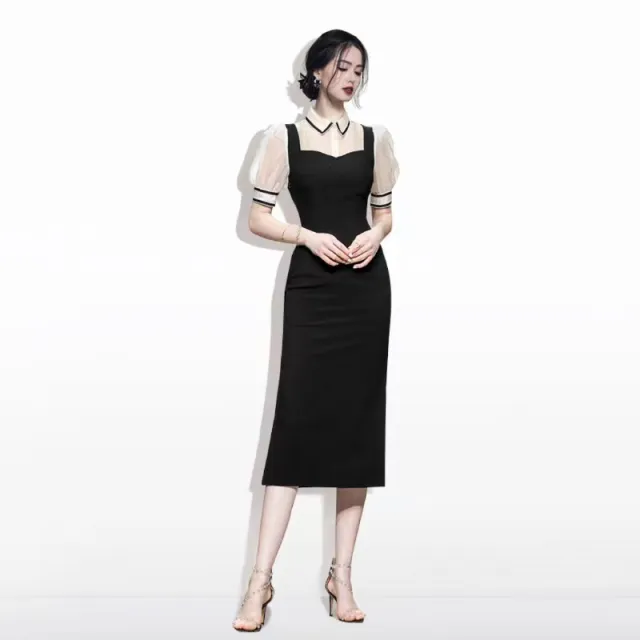 Fitted Shirt Collar Panel Midi Dress Black - Shop at LoveMi