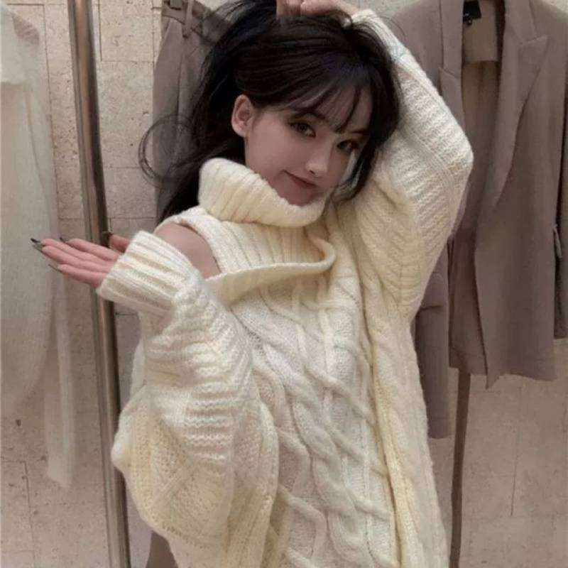 Women's Turtleneck Pullover Off Shoulder Knitted Sweater