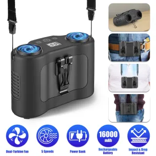 16000mAh 4 In 1 Dual Turbine Waist Clip Fan Wearable Personal Fan Hands Free With 5 Speeds LCD Display Lanyard Double As Power Bank For Jobsites Camping Hiking