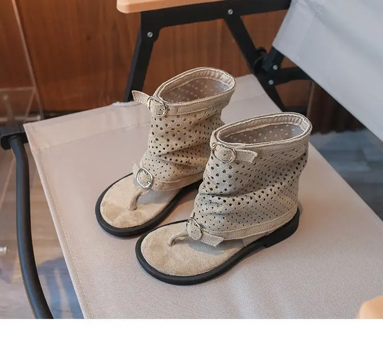 French-style Lace-up Girls' Sandals, Summer Open-toed Leather Buckle Roman Flats, Trendy Princess Short Boots For Kids