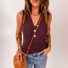 Women's T-Shirt New V-Neck Sleeveless Slim Fit Pullover Top Vest - Red - View 1